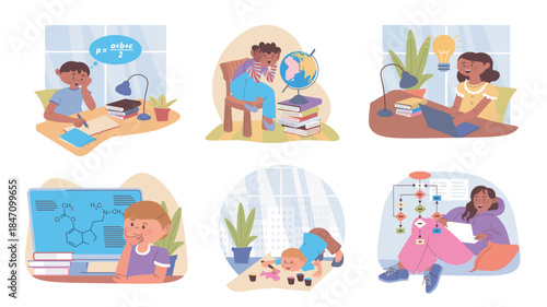 Self-study at home concept set for web design. Collection with cartoon people learning distantly. Students doing homework, reading books, studying at laptop with individual plan. Vector illustration.