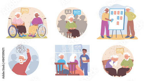 Senior group therapy concept set for web design. Collection with cartoon elderly people talking and listening at psychotherapy session, grandparents meeting with psychologist. Vector illustration.