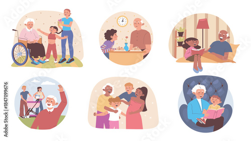 Visiting grandparents concept set for web design. Collection with cartoon elderly people pastime with family. Grandchilds coming to grandmothers or grandfathers and having fun. Vector illustration.