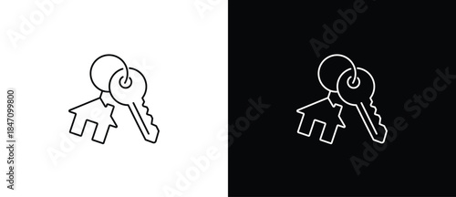 House key icon. Key icon. Key with a house-shaped keychain. Vector illustration of a key with a transparent and black background. Editable stroke.