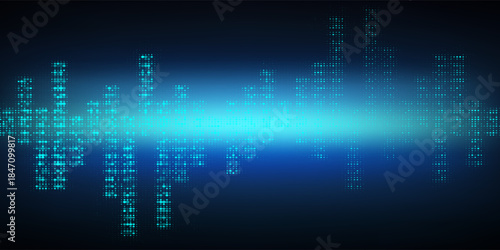 Abstract music neon background. Digital equalizer, audio pattern, sound frequency, graphic music bar, electronic volume control, stereo sound, club light, beat mix, glowing graph texture, sound wave.