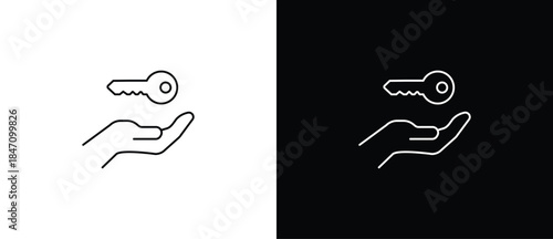 Key icon above hand. Key icon. Key acceptance icon. Key vector illustration with transparent and black background. Editable stroke.