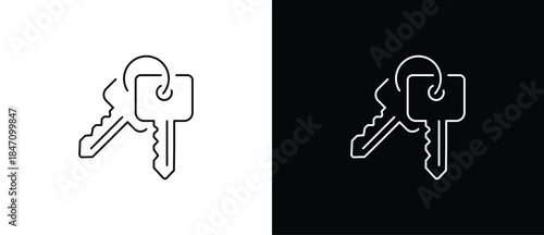 A pair of keys icon. A key icon with a square head. A classic key. A vector illustration of a key with a transparent and black background. The stroke is editable.