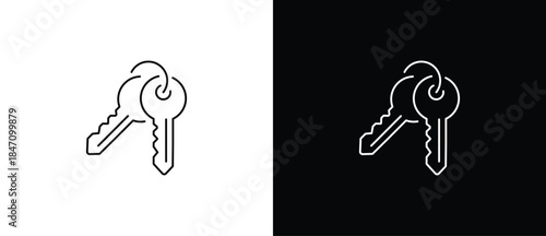 A pair of keys icon. A key icon with a round head. A classic key. A vector illustration of a key with a transparent and black background. The stroke is editable.