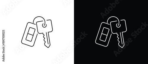 Classic car key icon. Car key icon. Key with remote control. Vector illustration of a key on a transparent and black background. Editable stroke.