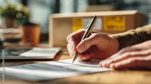 Detailed Close-Up of a Person's Hand Writing on a Document with a Pen, Amidst Office Items and a Shipping Box in the Background