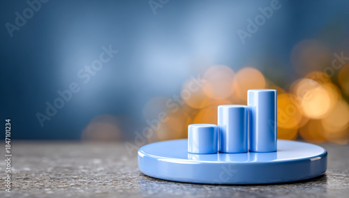Data visualization with blue bar graph. A blue bar graph on a round base displays varying heights against a blurred background.