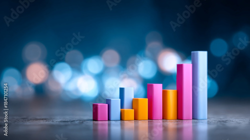 Bar graph on shiny display. Colorful bars arranged in ascending order show data trends in a bright setting with blurred background lights.