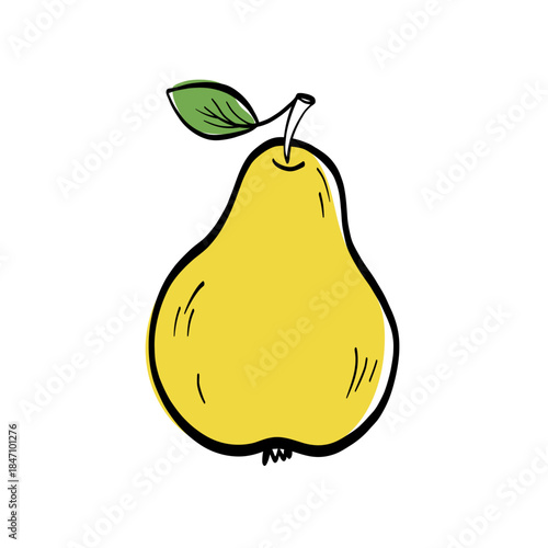 Yellow doodle pear with leaf in clean line art. A fresh fruity element ideal for menus, packaging, recipes and healthy food projects