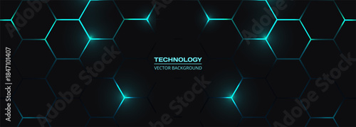 Dark hexagon abstract technology background with blue colored bright flashes under hexagon. Hexagonal gaming vector tech wide illustration.