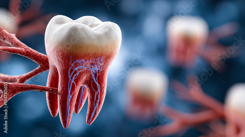 Tooth structure reveals roots. Illustration shows a detailed view of a tooth, highlighting its roots and nerves against a blue background.