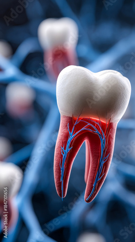 Tooth with roots and nerves. A close view of a tooth showing its base, roots, and nerves. The image highlights the internal details of a tooth.