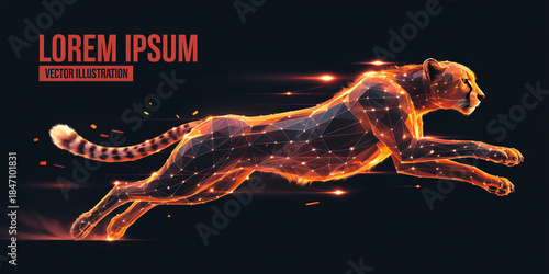 Stunning cheetah running with glowing orange lines and dots on black background