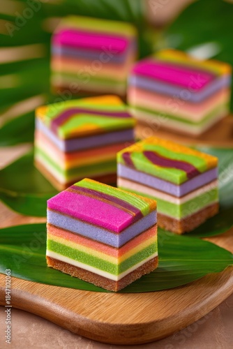Indonesian kue lapis legit layered cake with vibrant colors and rich textures displayed on a wooden board surrounded by tropical leaves, showcasing a delightful dessert experience
