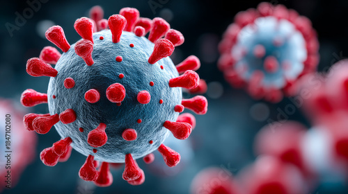 Red-spiked virus under microscope. Close view of a virus showing red spikes and a round shape. The setting suggests a scientific study of pathogens.