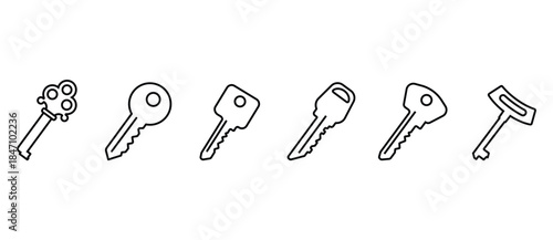 Various key icons. Key icon set. Classic and modern keys. Key vector illustration with transparent background. Editable stroke.