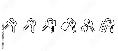 Various key icons with key chains. Key set icon. Classic key. Key vector illustration with transparent background. Editable stroke.
