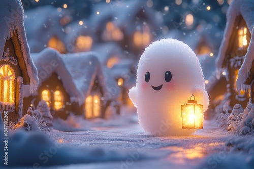 Snow figure smiles holding a lit lantern. Snowy houses glow in the background. Snow is falling. AI.