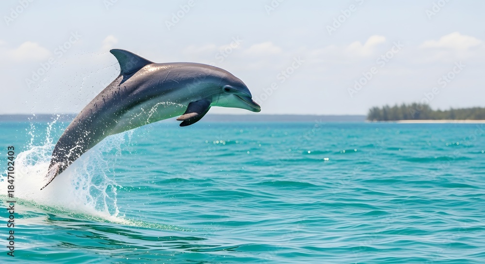 Fototapeta premium Dolphin leaping out of the turquoise ocean water with a splash