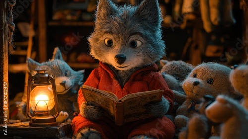 Plush wolf toy in a red suit reads a book, surrounded by stuffed animals, next to a lit lantern. AI.