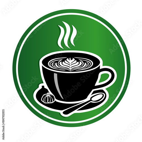 Black and white cup with spoon and marshmallow on green background winter vector