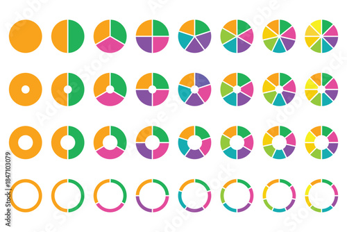 Set of colorful pie charts. Colorful pie charts with varying segments. Circle section graph. Pie chart set. Pie charts diagrams. Different color circles. donut and pie chart infographic elements set.