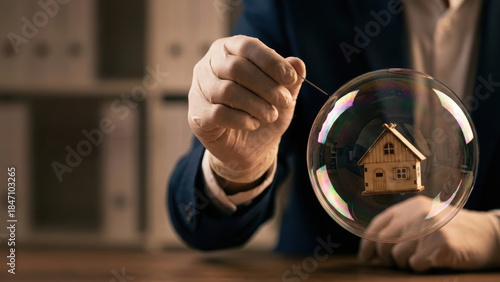Housing market bubble and real estate crisis risk, a businessman in gloves holds a needle poised to burst the fragile soap sphere, macro economy warning