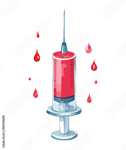 Medical syringe with blood droplets for laboratory test vaccination and healthcare injection treatment concept graphic