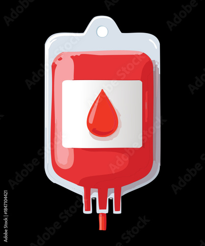 Medical blood bag for transfusion and donation services with red liquid and drop symbol illustration