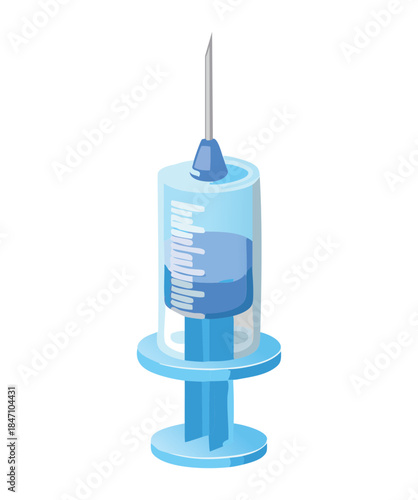 Pharmaceutical syringe with blue vaccine dose for hospital medical treatment and healthcare immunization program awareness