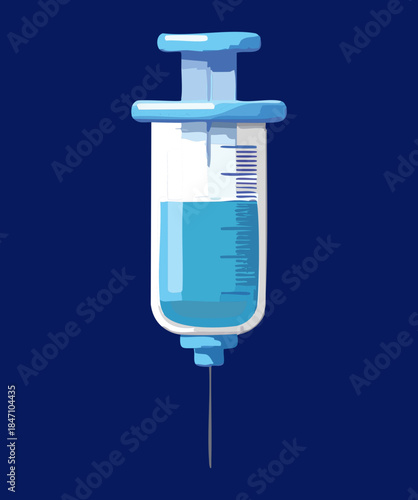 Medical glass syringe with blue liquid medicine for clinical vaccination and healthcare immunization treatment services design
