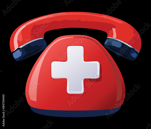 Emergency red telephone icon with a medical cross symbol for urgent healthcare assistance and ambulance hotline services