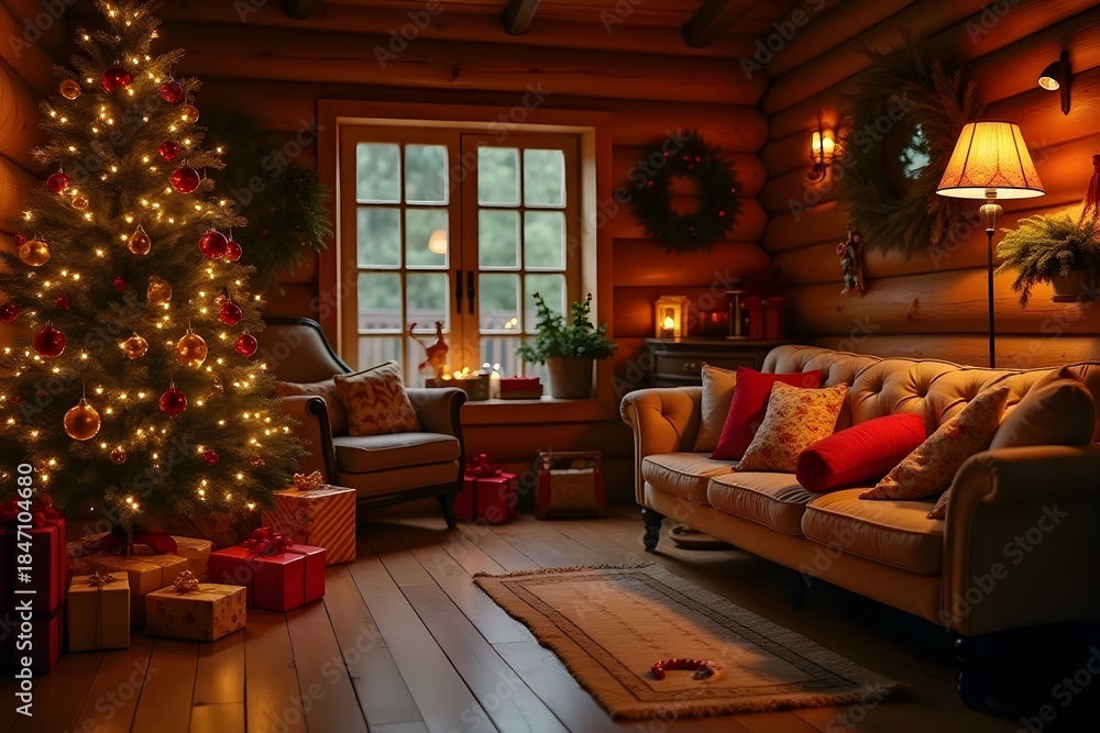 Naklejka premium A cozy log cabin interior adorned with a beautifully decorated christmas tree