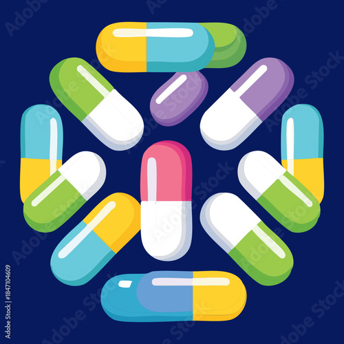 Collection of colorful medical capsules and pills for pharmaceutical treatment and healthcare pharmacy advertisement design for clinical use