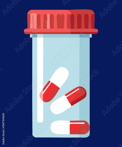 Plastic pharmacy bottle containing red and white capsule pills for professional medical treatment and health supplements storage