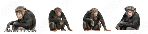 Four Chimpanzees Sitting in Different Poses, Oil Paint Style Isolated on White Background