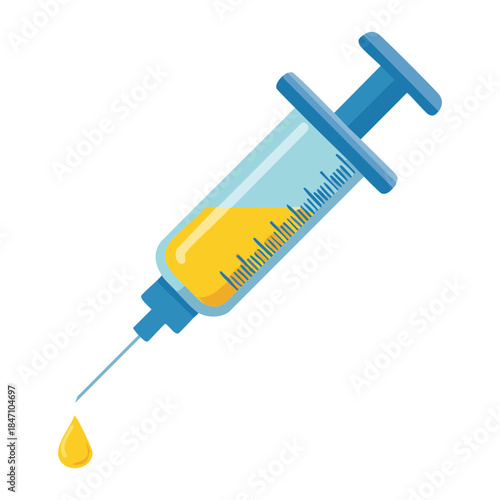 Medical injection syringe with a yellow vaccine dose for healthcare immunization and flu prevention medical treatment campaign