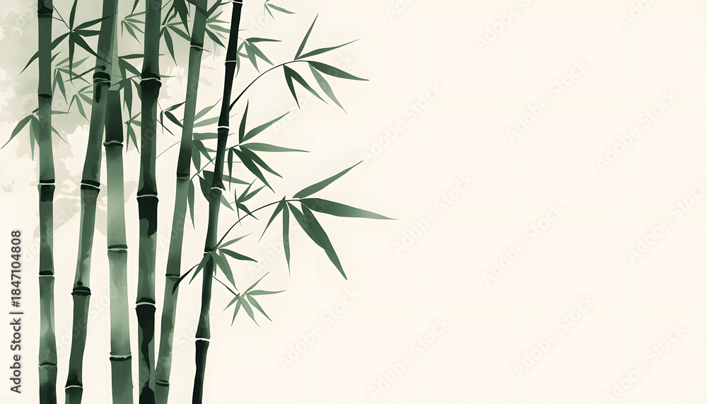 Fototapeta premium Simple bamboo vector illustration with green leaves and branches on a natural background sumi E Ukiyo E Japan Korea