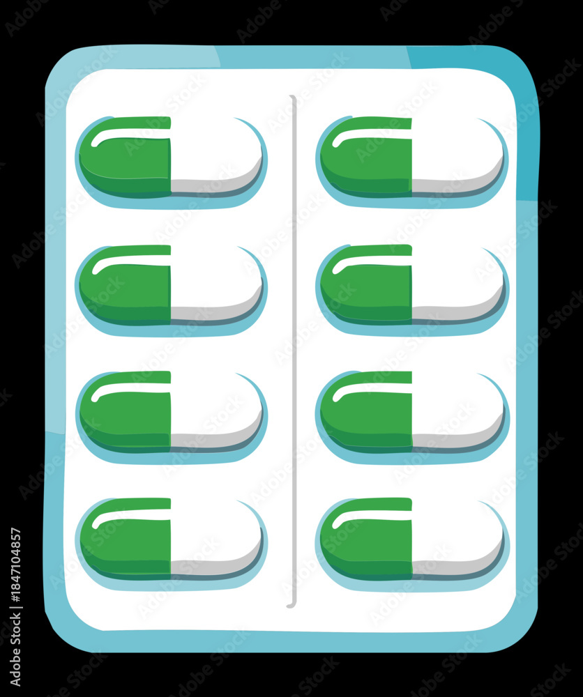 Obraz premium Pharmaceutical blister pack with green and white medicine capsules for healthcare treatment and antibiotic pharmacy prescription