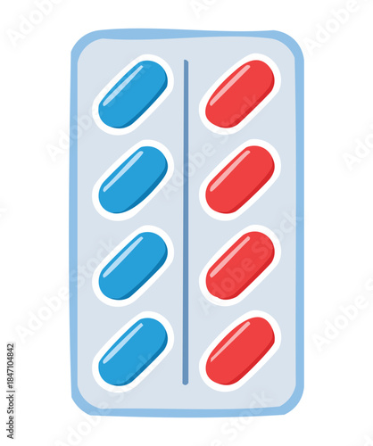 Healthcare medication blister pack with red and blue pills for medical treatment and professional pharmacy drug prescription