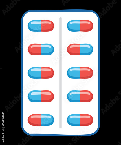 Medical blister strip with blue and red antibiotic capsules for pharmaceutical treatment and healthcare pharmacy supply