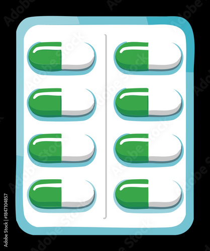 Pharmaceutical blister pack with green and white medicine capsules for healthcare treatment and antibiotic pharmacy prescription