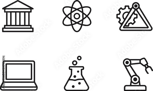 Chemistry icon set showing simple vector symbols related to science and technology on a clean white background