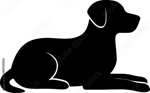 A simple black silhouette of a dog in a relaxed lying down pose.