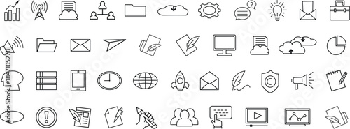 Business and Communication Line Icon Set – Cloud, Email, Network, Data, Marketing, Office, Technology Outline Icons Collection