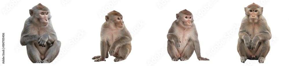 Naklejka premium Four Monkeys Sitting in Different Poses, Oil Paint Style Isolated on White Background