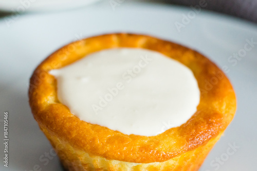 Delicious cheesecake with sour cream on a plate. Breakfast concept for the family