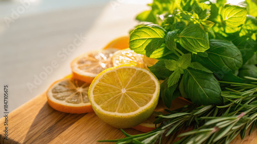 Nature healing concept visual. Fresh green herbs and sliced citrus on wooden board in sunlight