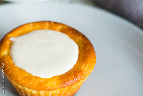 Delicious cheesecake with sour cream on a plate. Breakfast concept for the family