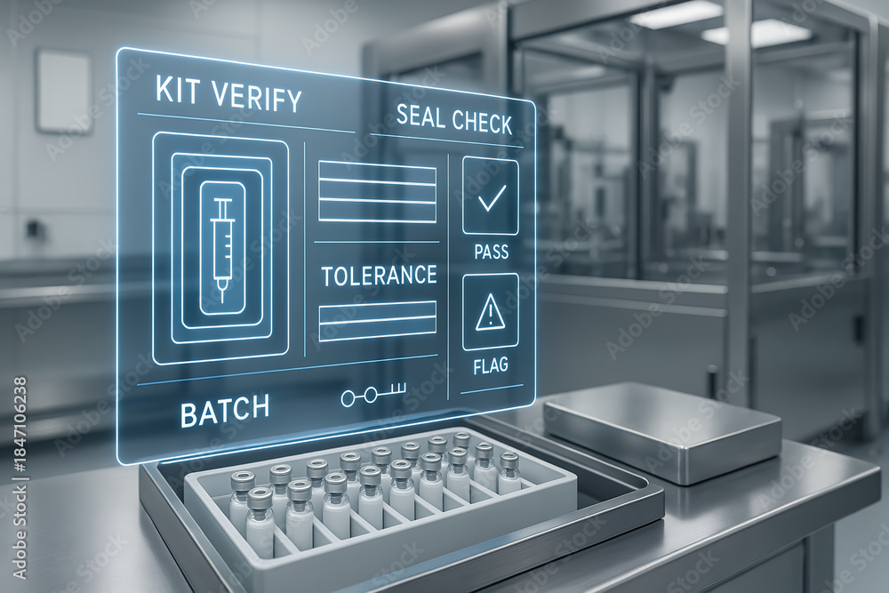 Fototapeta premium Holographic Verification Interface Displaying Kit Batch Seal Check Tolerance Pass Flag in Sterile Medical Laboratory with Vials Rack System Digital Inspection Process